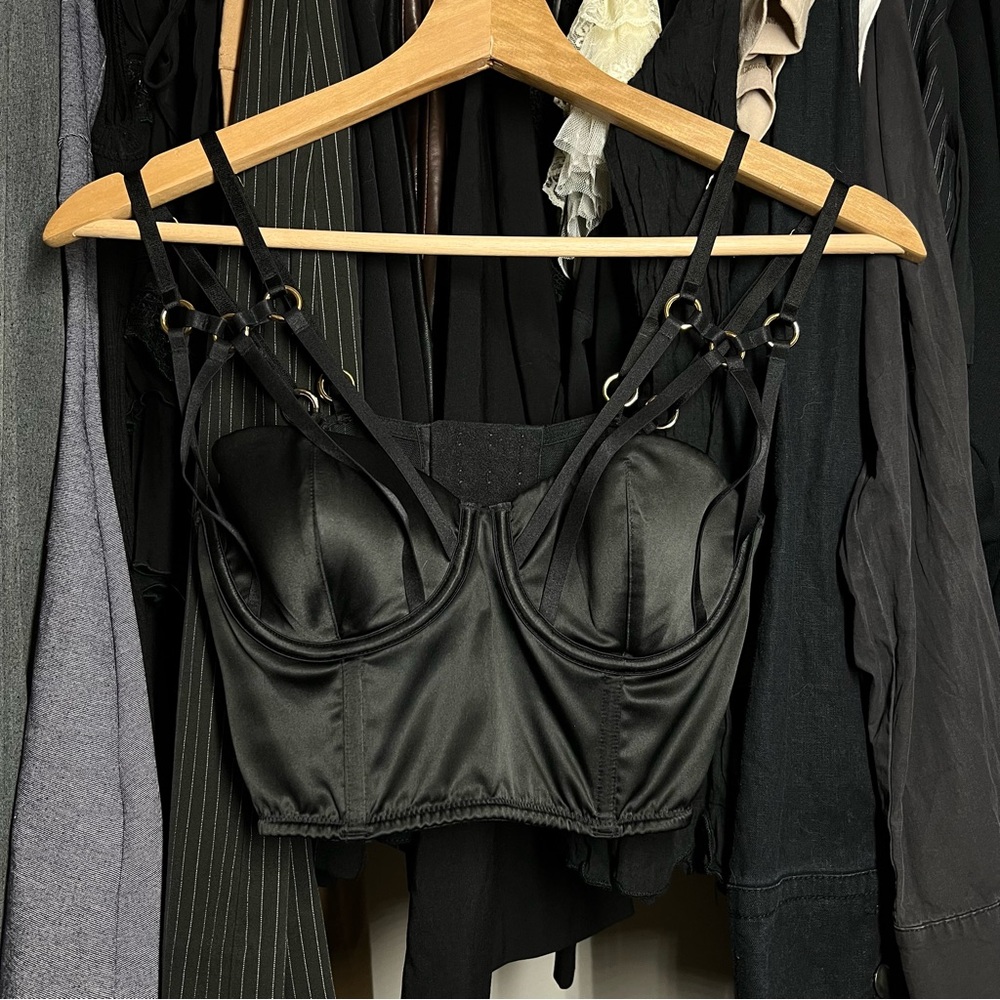 Victoria Secret Black Satin Ring Harness Corset Bustier Bra Top